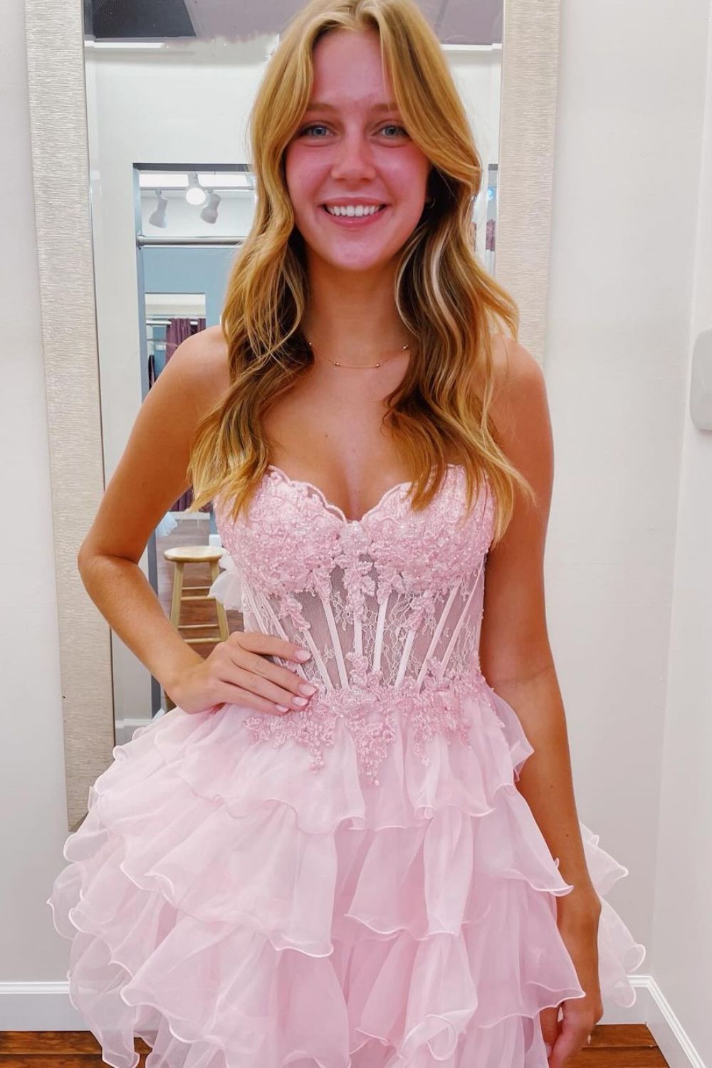 Light Blue A-Line Sweetheart Lace Up Short Tiered Tulle Homecoming Dress