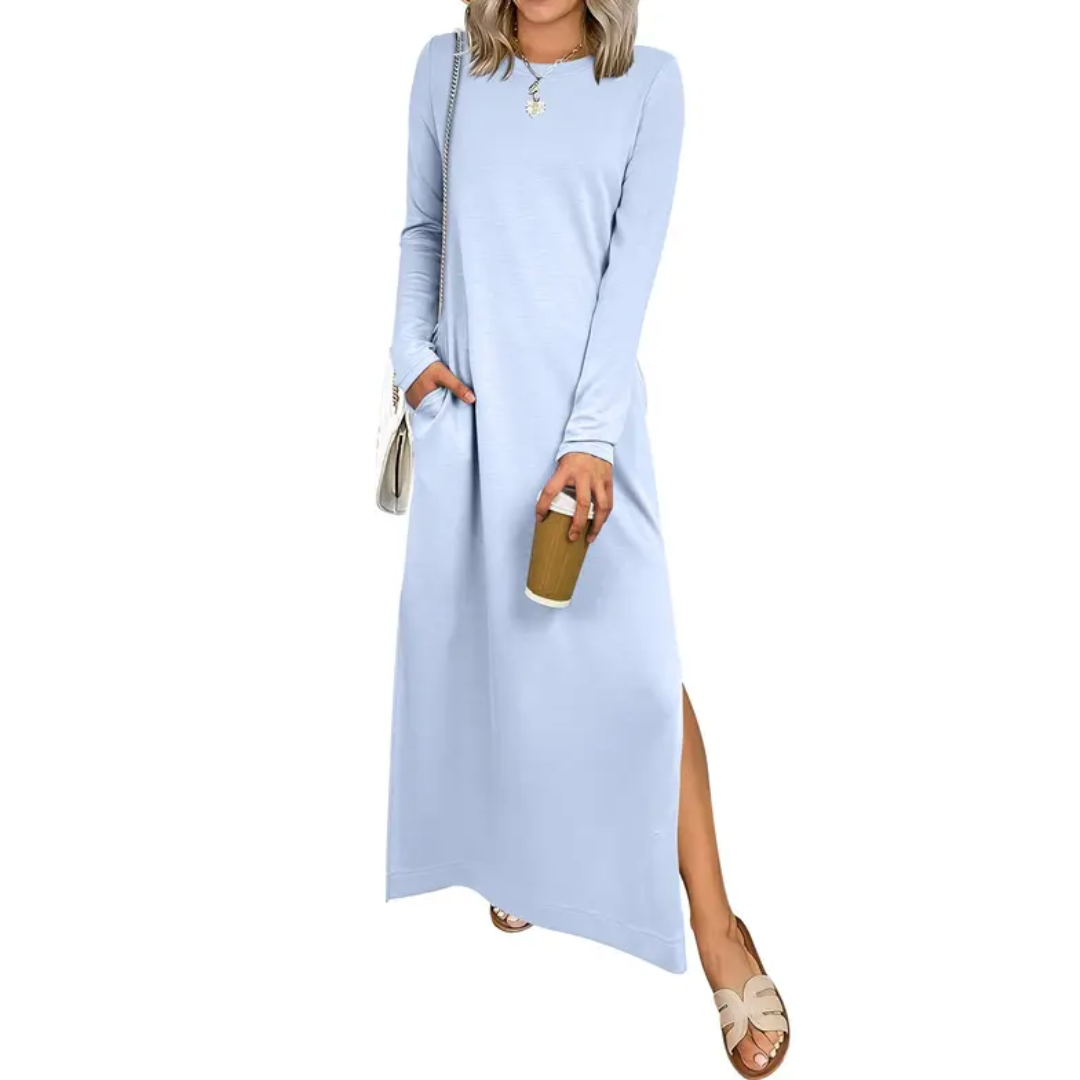 Crew Neck Long Sleeve Side Split Maxi Dress