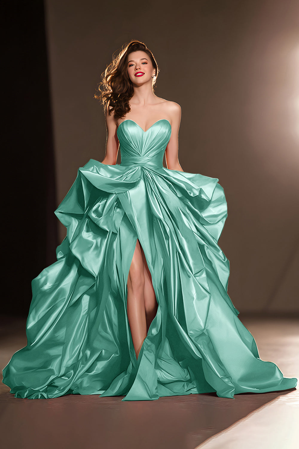 Dark Red Sweetheart Ruffled Ball Gown Long Masquerade Ball Dress with Slit