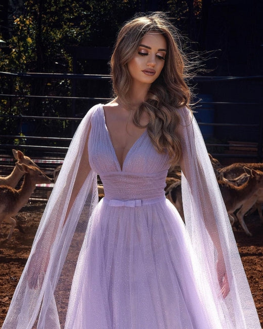 Lilac A-line Long V-Neck Long Sleeves Prom Evening Dresses with Glitter