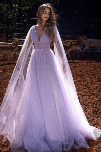 Lilac A-line Long V-Neck Long Sleeves Prom Evening Dresses with Glitter