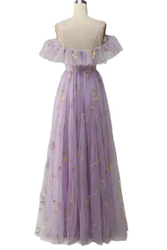 Floral Embroidered Cold-Shoulder Ruffle Tulle A-Line Gown