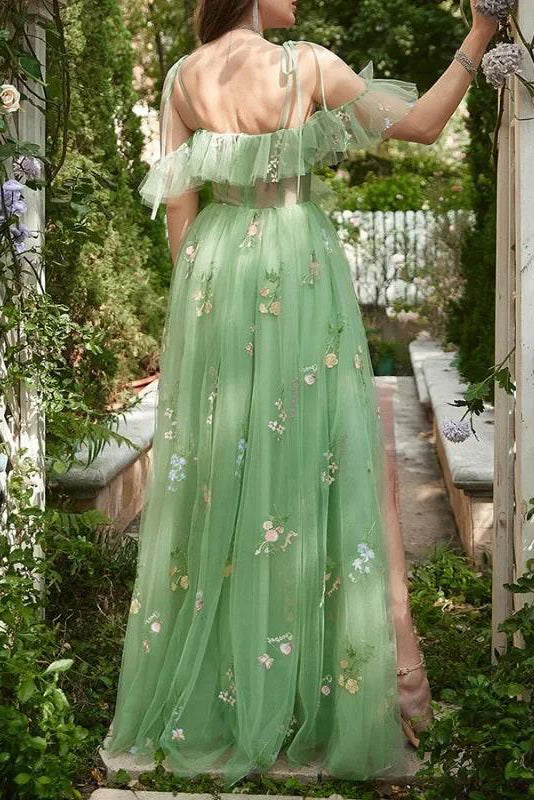 Floral Embroidered Cold-Shoulder Ruffle Tulle A-Line Gown