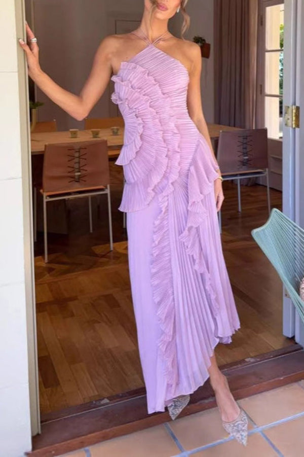 Pleated Halter Neck Ruffle Tiered High Slit Maxi Dress