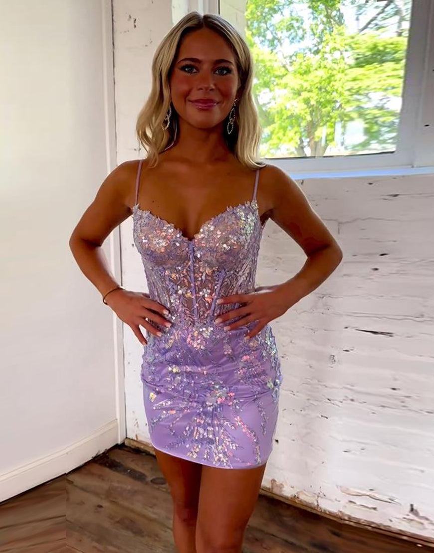 Lilac Sparkly Spaghetti Straps Short Tight Homecoming Dress - Fashionpara