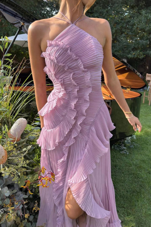 Lilac Purple Halter Ruffled Midi Dress
