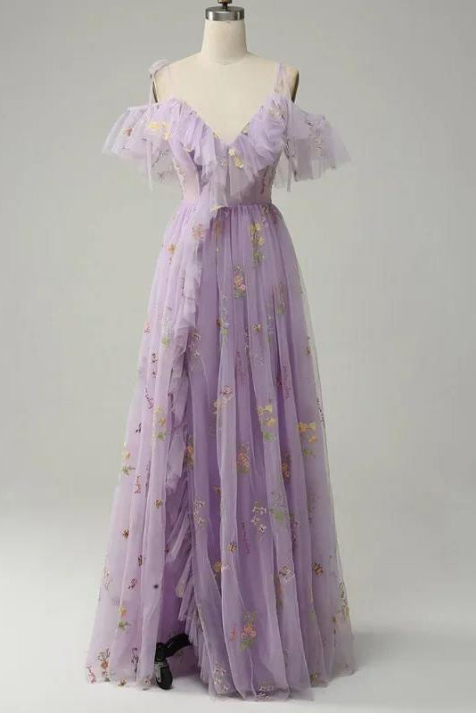 Floral Embroidered Cold-Shoulder Ruffle Tulle A-Line Gown