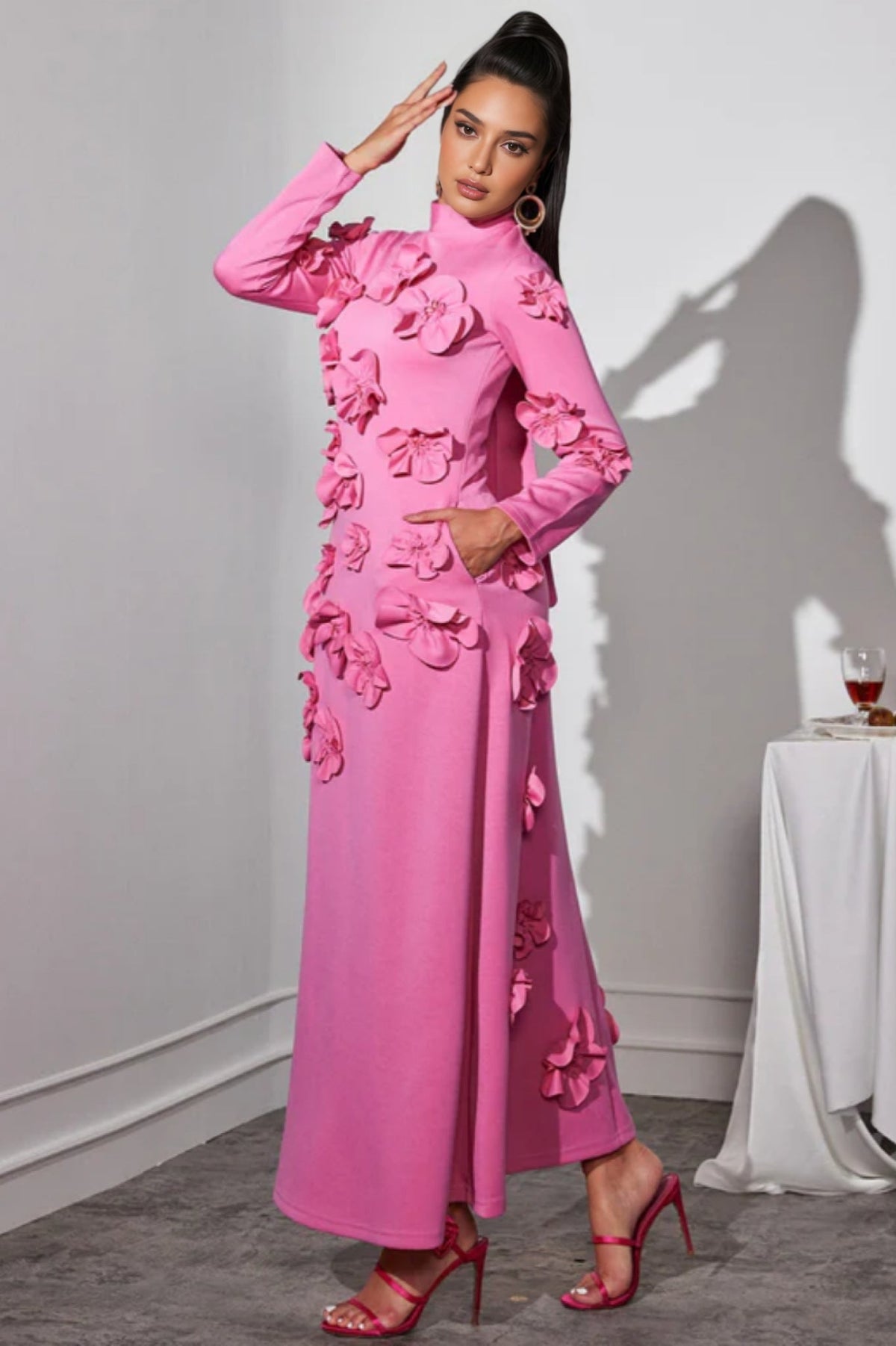 3D Floral High Neck Long Sleeve Maxi Dress - View 4