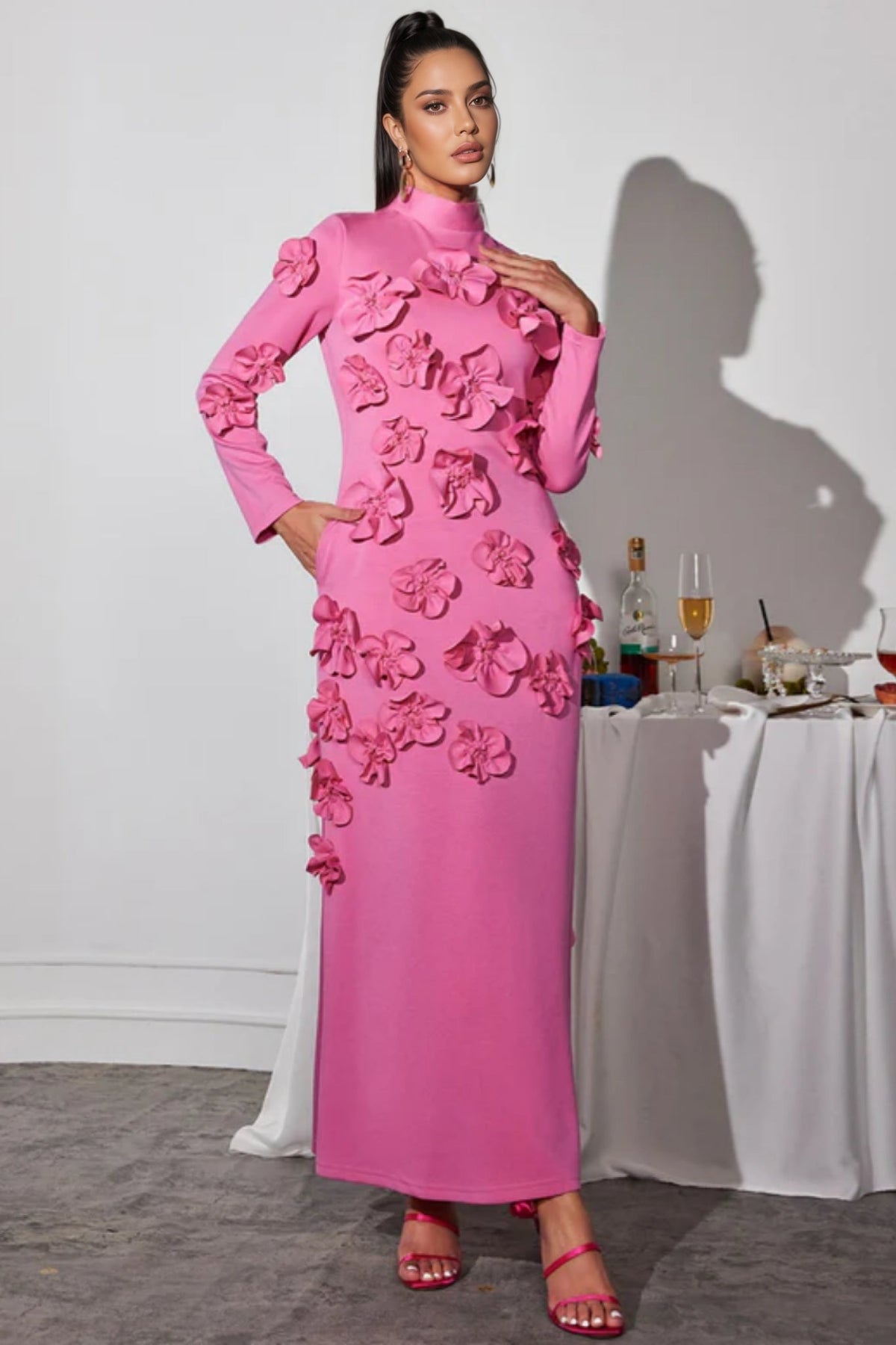 3D Floral High Neck Long Sleeve Maxi Dress - View 2