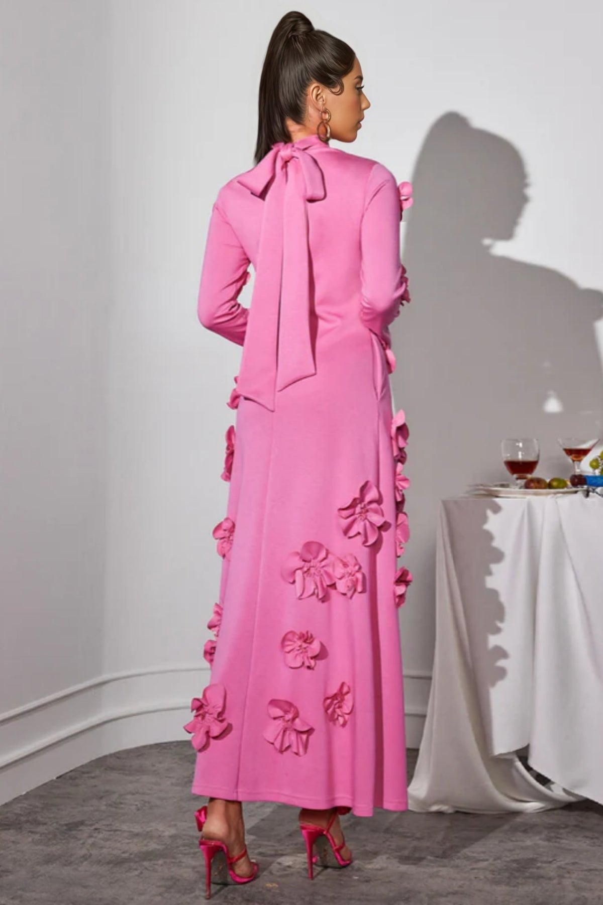 3D Floral High Neck Long Sleeve Maxi Dress - View 6