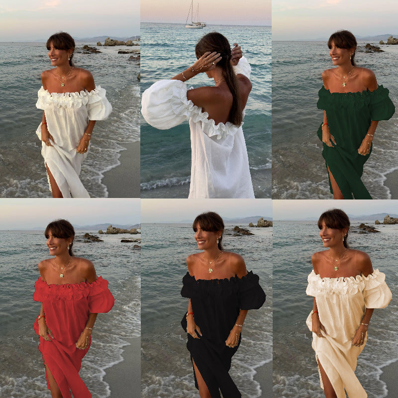 Off Shoulder Puff Sleeve High Split Maxi Dress