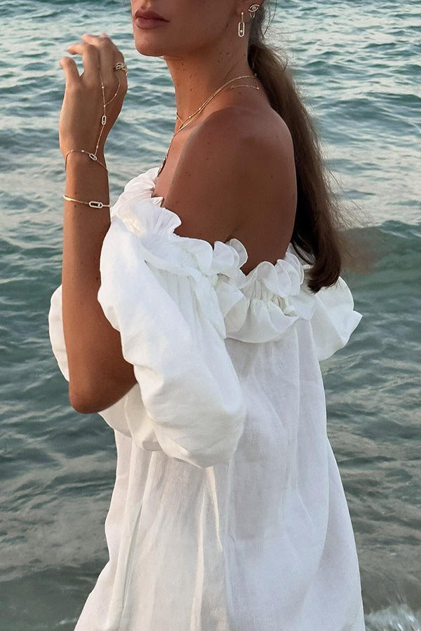 Off Shoulder Puff Sleeve High Split Maxi Dress 18