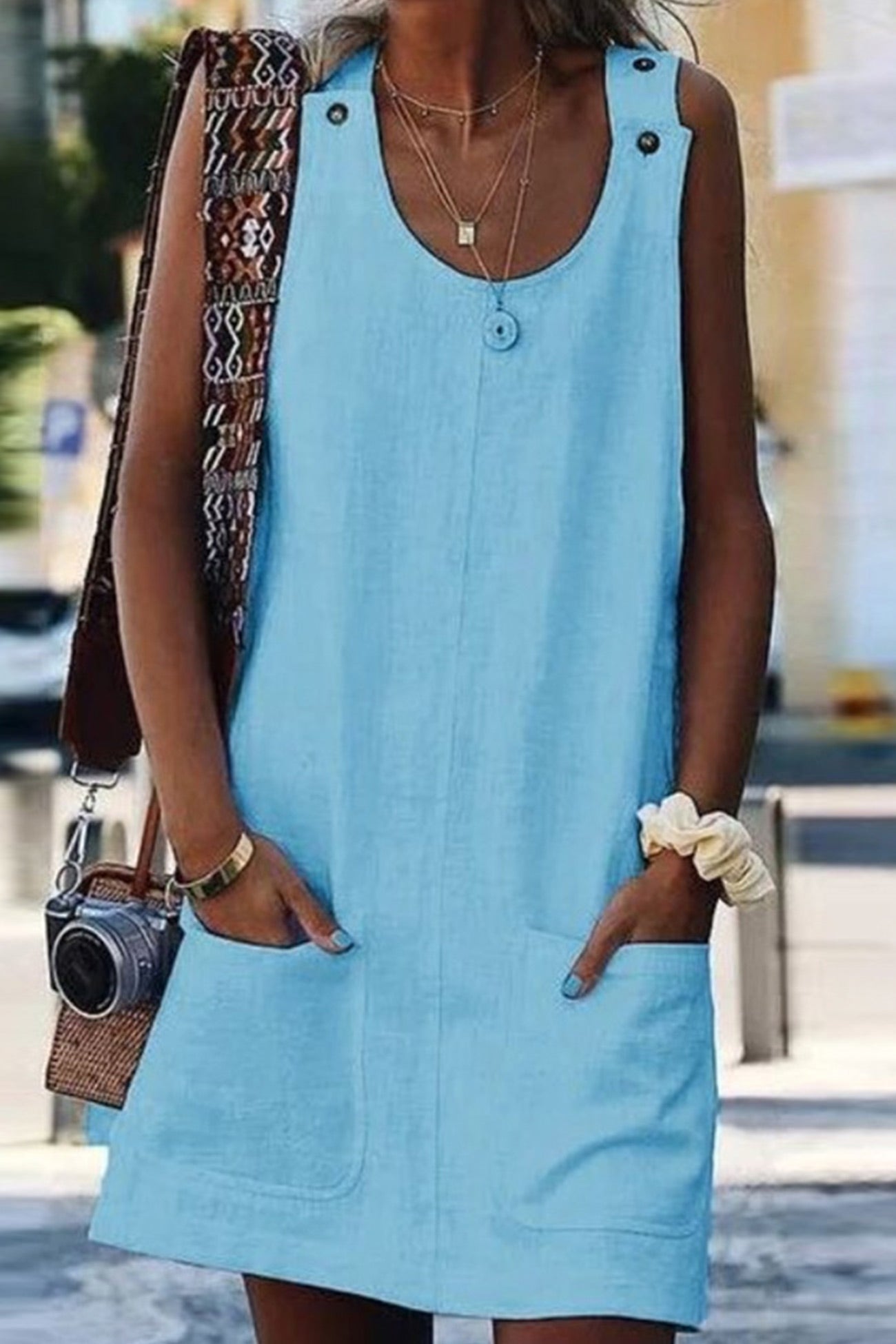 Linen Button-down Baggy Sundress - Fashionpara