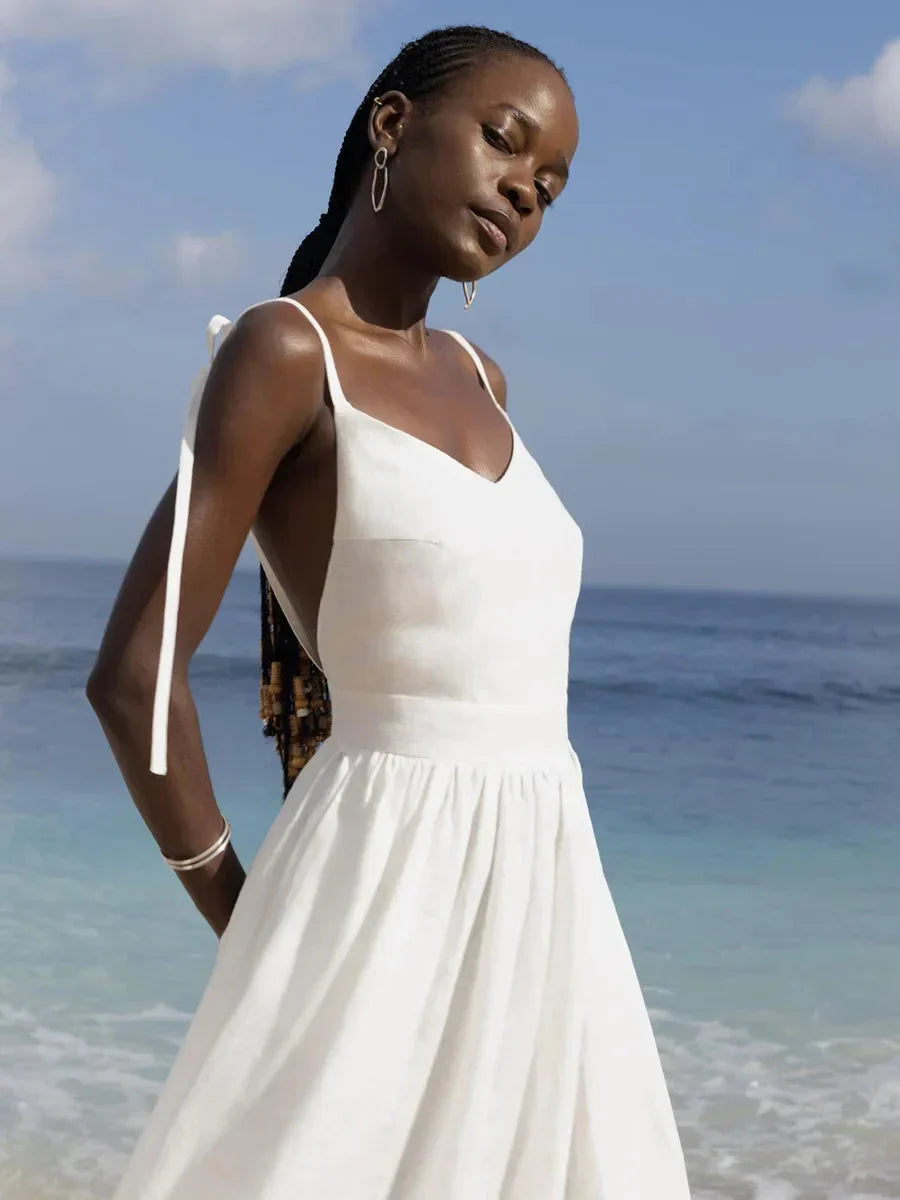 Linen V-Neck Open-Back Gathered A-Line Midi Dress 5