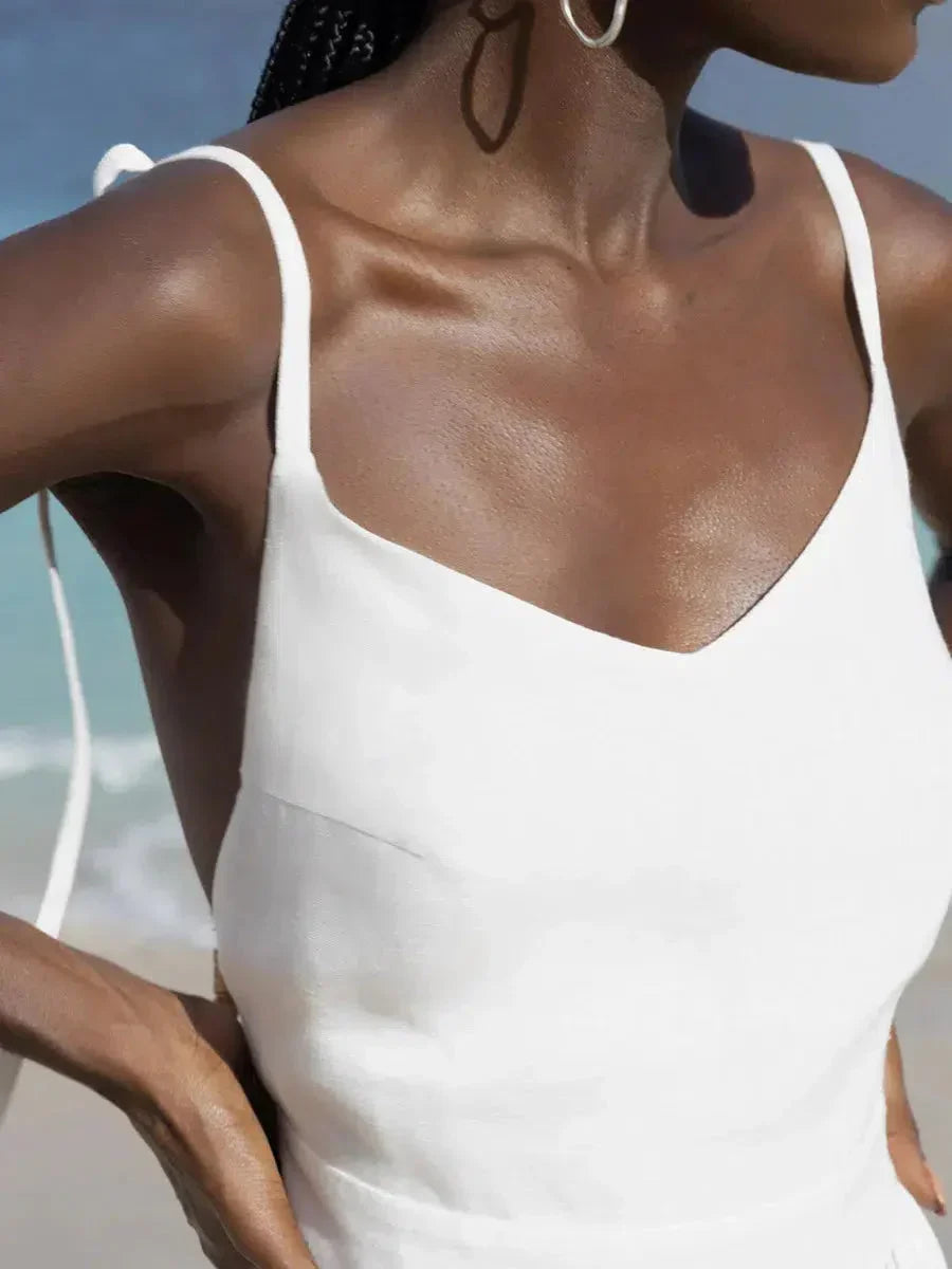 Linen V-Neck Open-Back Gathered A-Line Midi Dress 6