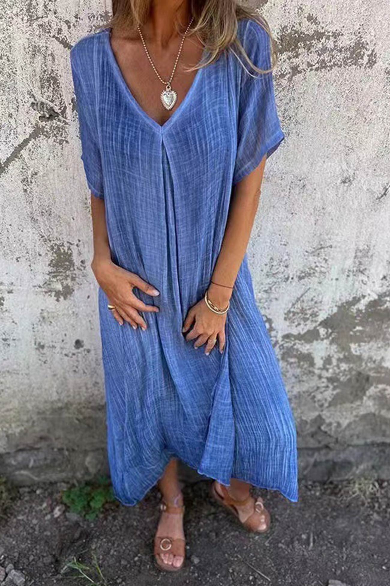 Cotton Solid V Neck Midi Dress