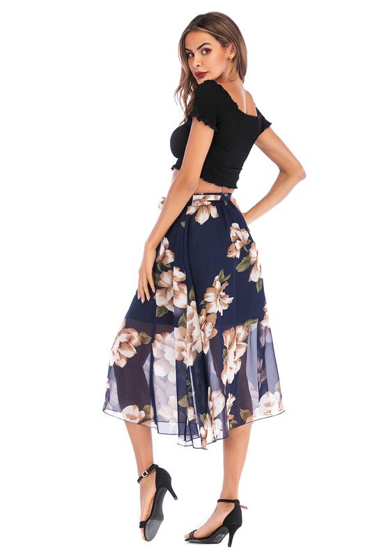Elastic Waist Blue Floral Print Chiffon Skirt