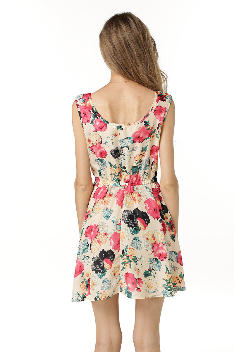 Little Fresh Floral Print Sleeveless Ruched Short Dress