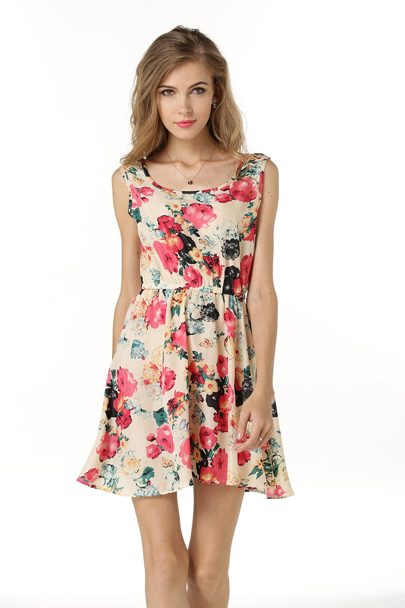 Little Fresh Floral Print Sleeveless Ruched Short Dress - Mislish