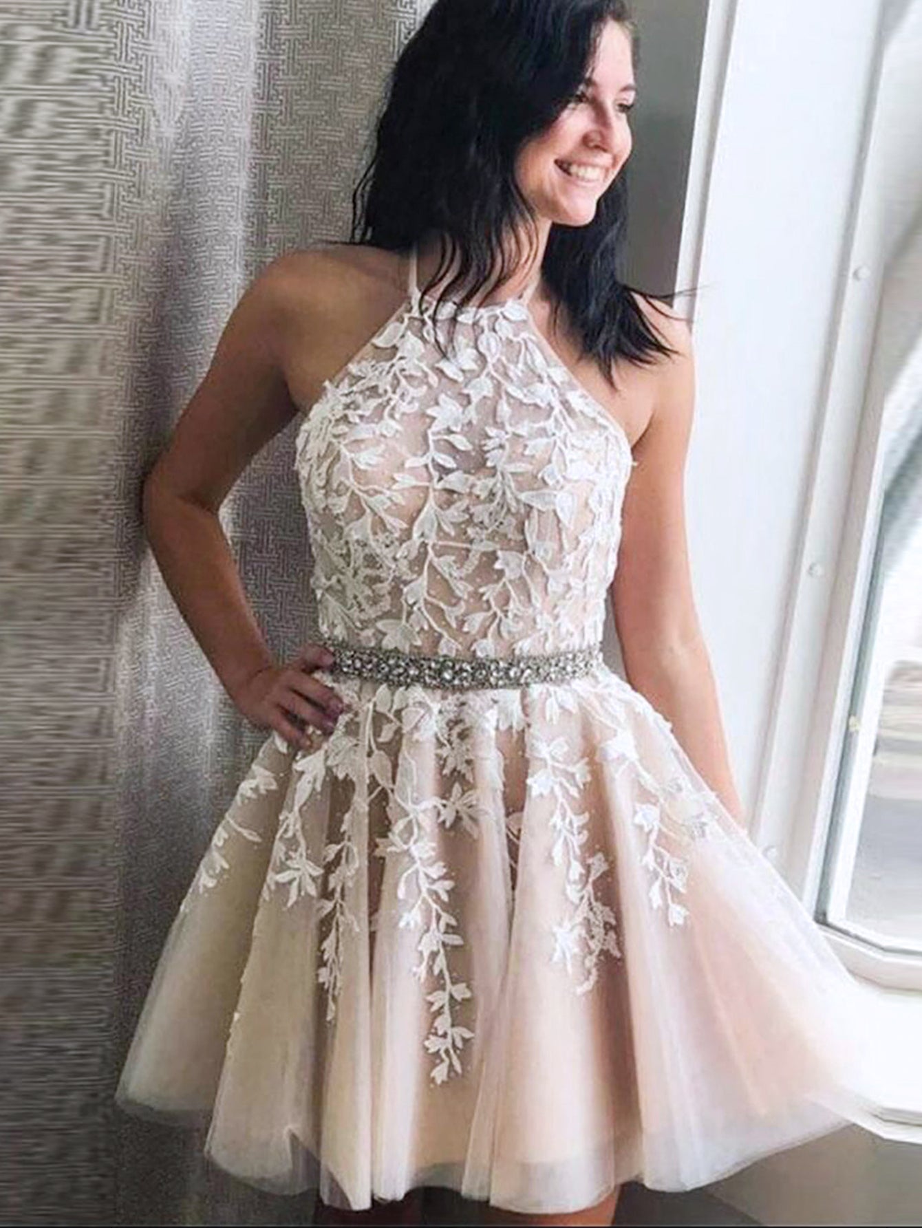 A-Line Pink Short Party Homecoming Dress With Appliques - Fashionpara