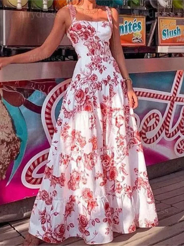 Floral Spaghetti Strap High Waist Maxi Dress