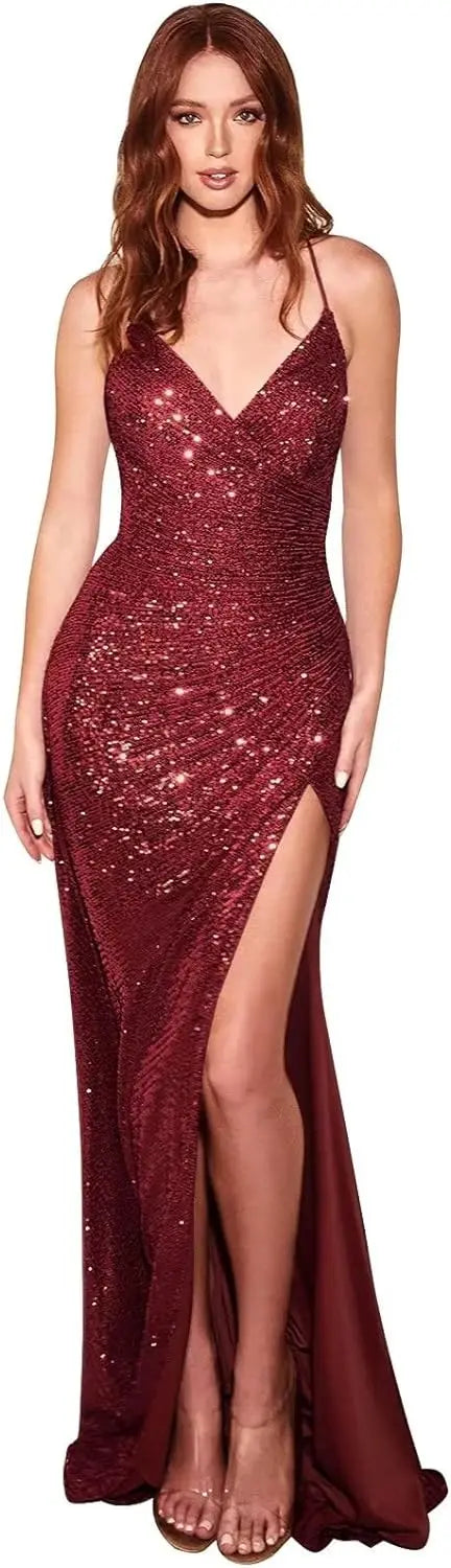 Sequin V-Neck Low Back Sparkly Maxi Dress Burgundy / 2