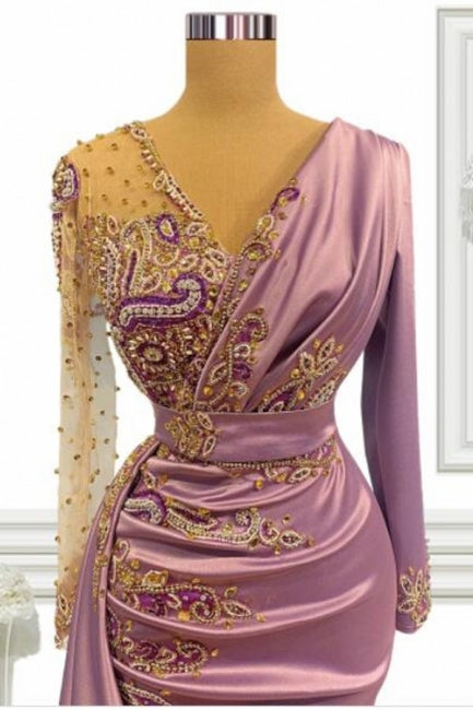 Long Pink Beading Mermaid Prom Evening Dresses With Sleeves