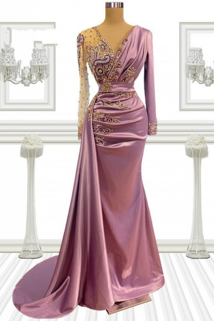 Long Pink Beading Mermaid Prom Evening Dresses With Sleeves