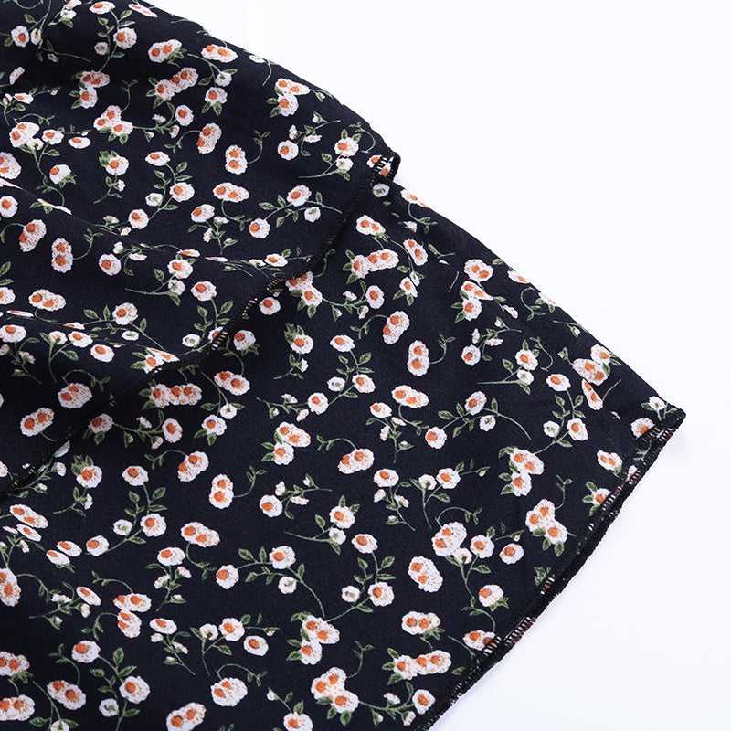 KittenAlarm - Long Sleeve Floral Chiffon Dress High Waist Black Pleated Dress Spring Autumn Fashion Dress