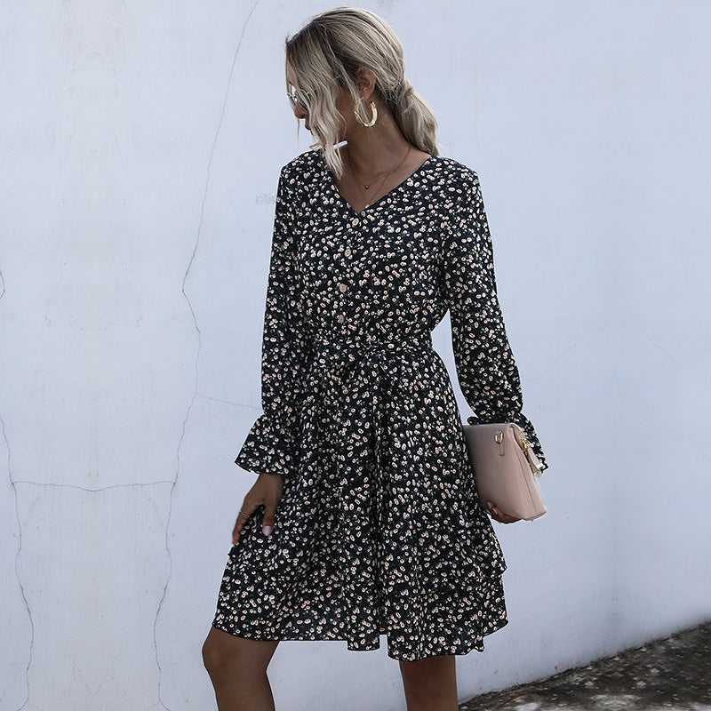 KittenAlarm - Long Sleeve Floral Chiffon Dress High Waist Black Pleated Dress Spring Autumn Fashion Dress