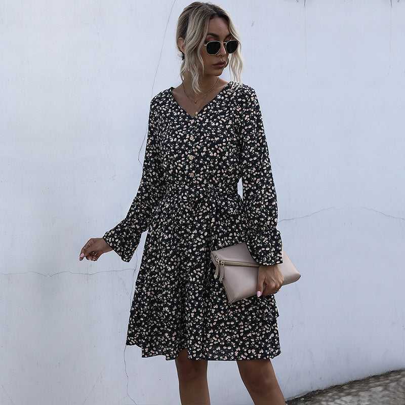 KittenAlarm - Long Sleeve Floral Chiffon Dress High Waist Black Pleated Dress Spring Autumn Fashion Dress