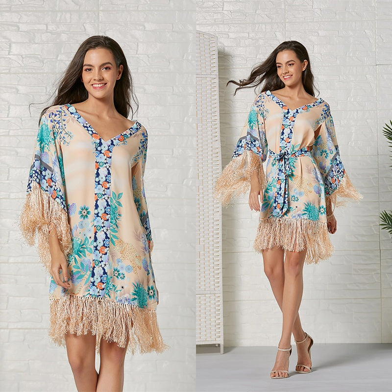 KittenAlarm - Long Sleeve Floral Print V Neck Tassel Bohemian Belt Waist Midi Dresses