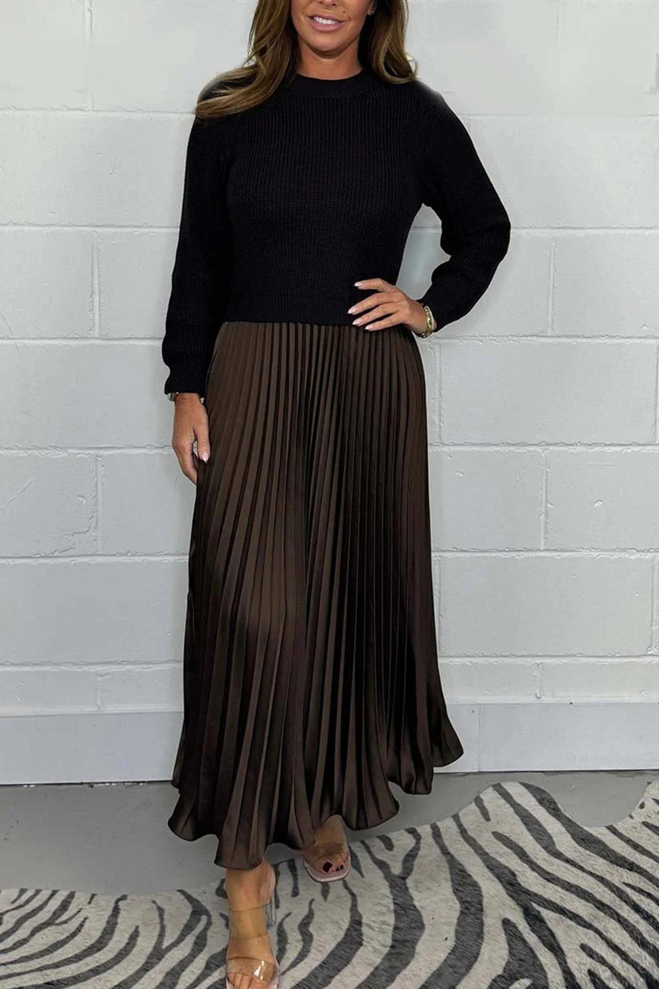 Long Sleeve Knit Patchwork Pleated Maxi Dress