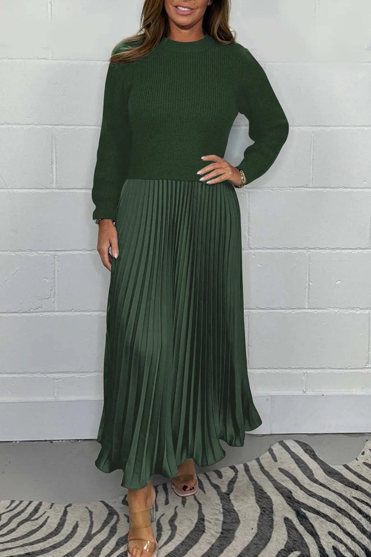 Long Sleeve Knit Patchwork Pleated Maxi Dress