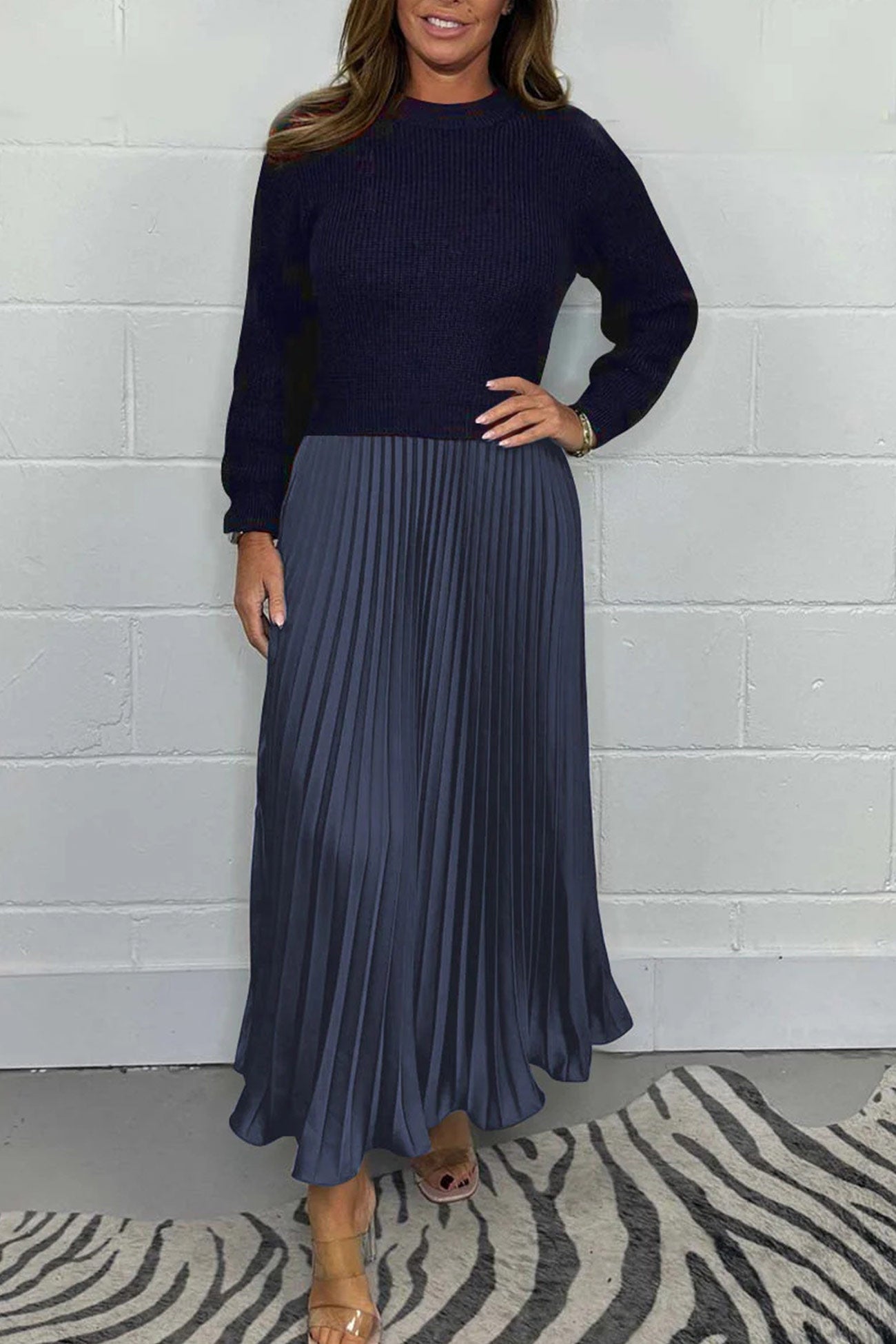 Long Sleeve Knit Patchwork Pleated Maxi Dress