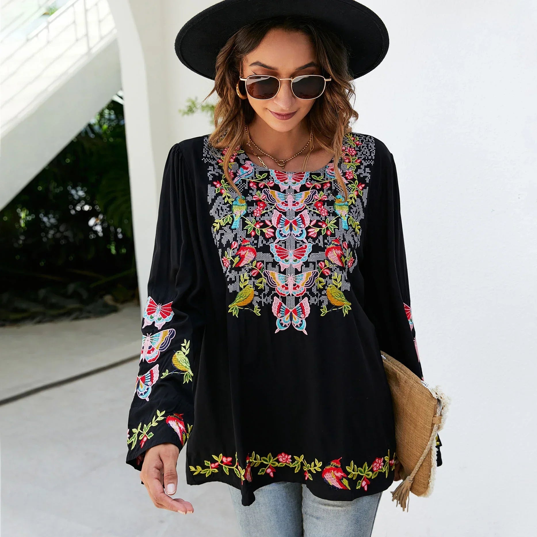 Oversize Floral Embroidery Loose Cotton Boho Blouse
