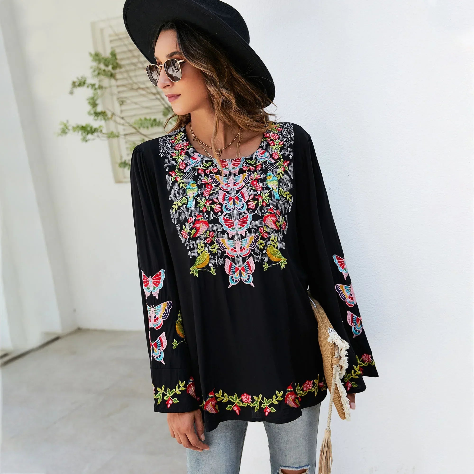 Oversize Floral Embroidery Loose Cotton Boho Blouse