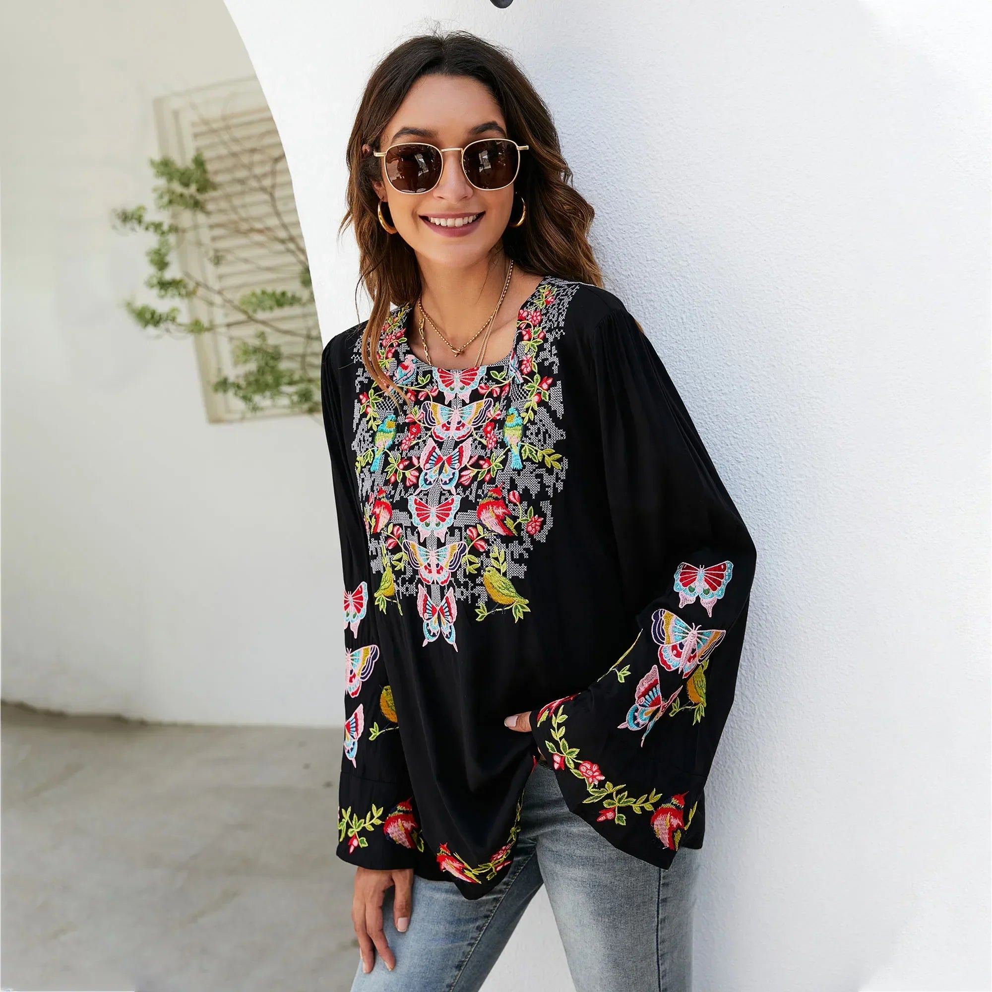 Oversize Floral Embroidery Loose Cotton Boho Blouse