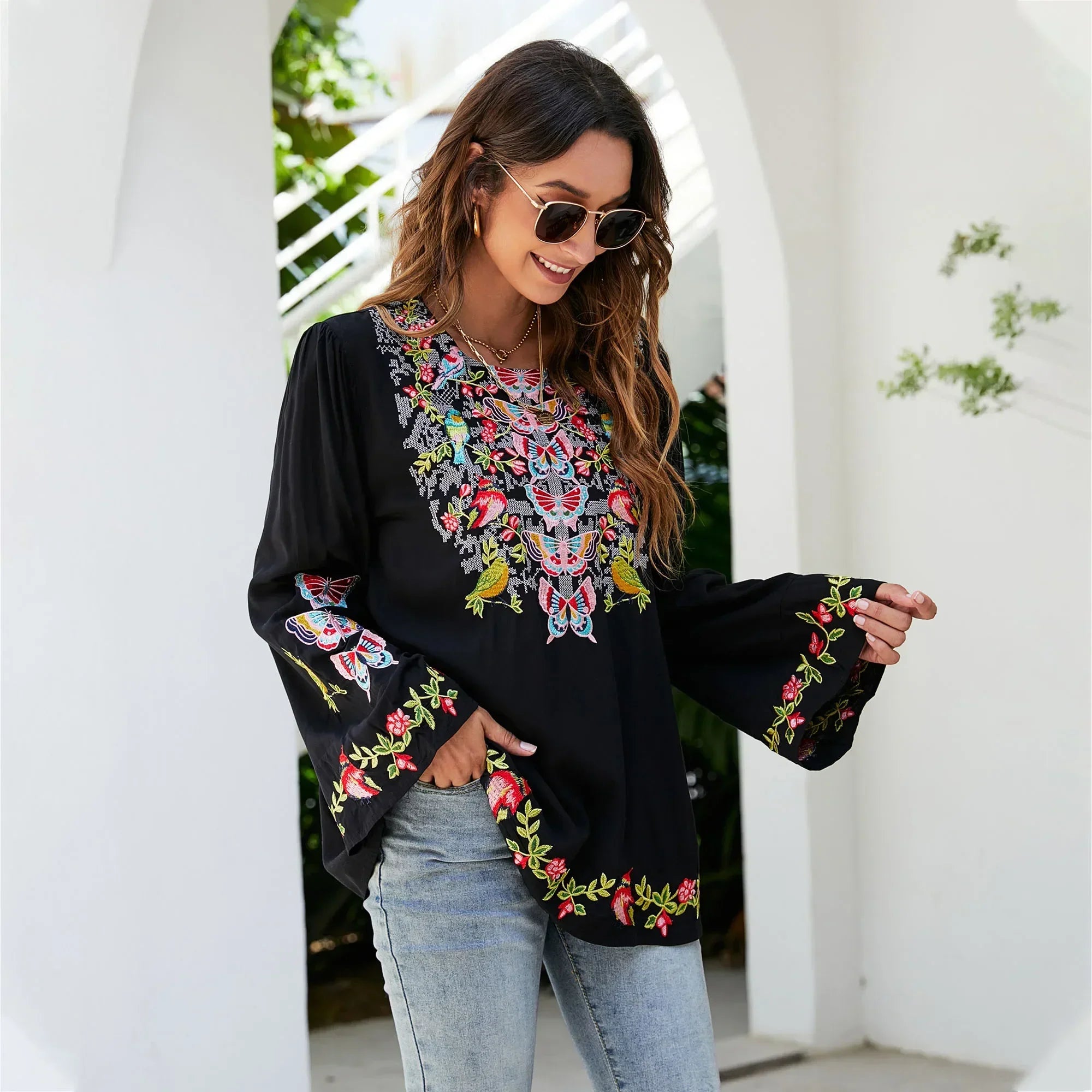 Oversize Floral Embroidery Loose Cotton Boho Blouse