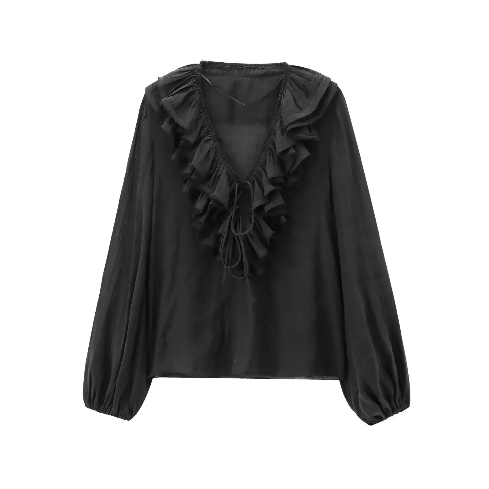 Ruffles Deep V-Neck Lace-Up Loose Oversize Boho Blouse
