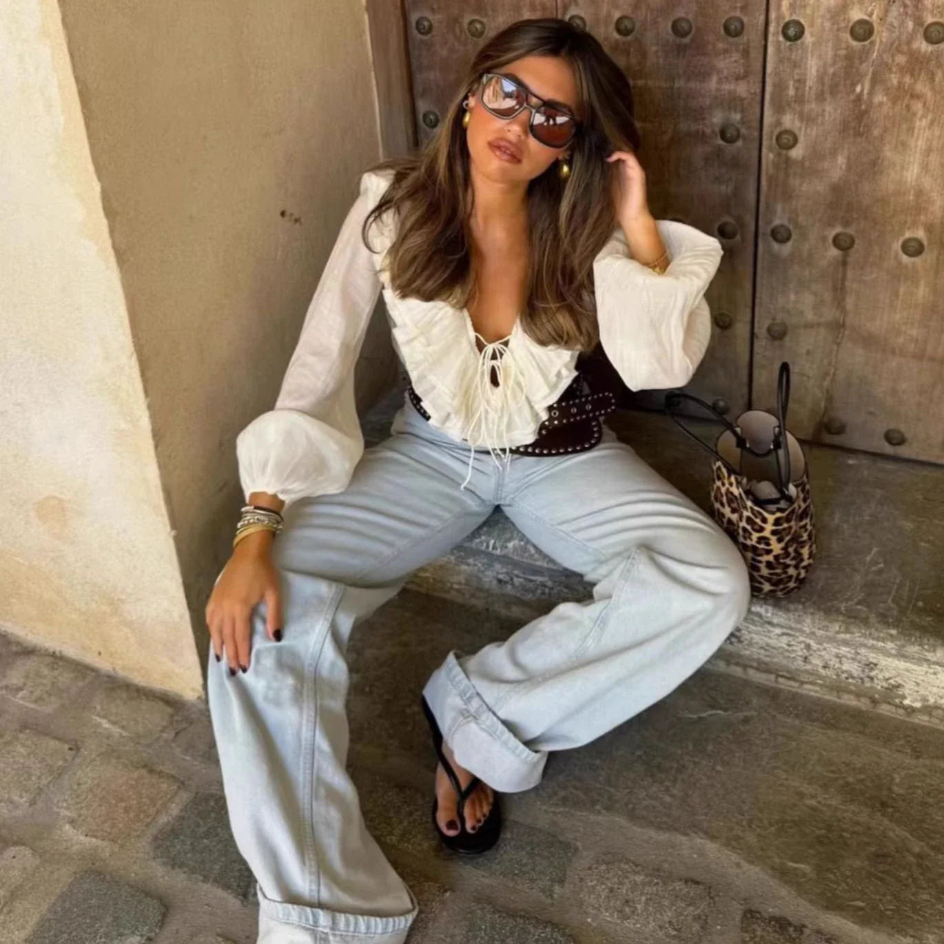 Ruffles Deep V-Neck Lace-Up Loose Oversize Boho Blouse