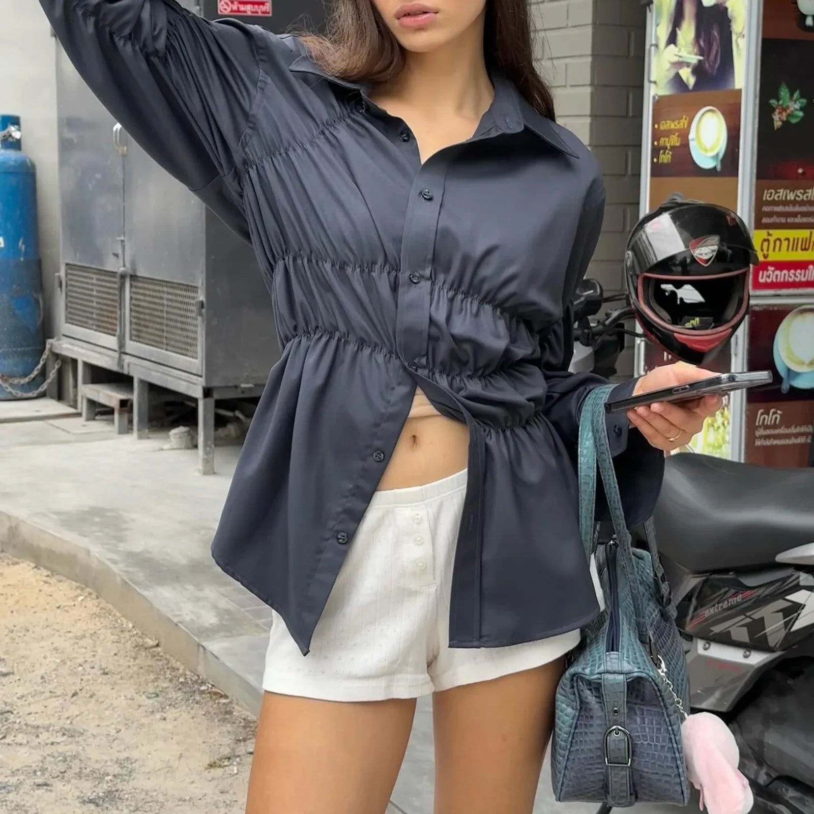 Solid Scrunched Collar Blouse