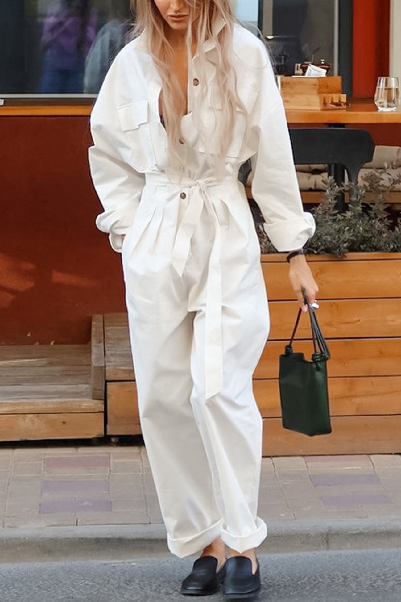 Long Sleeve Tie-up High Waist Cargo Jumpsuits