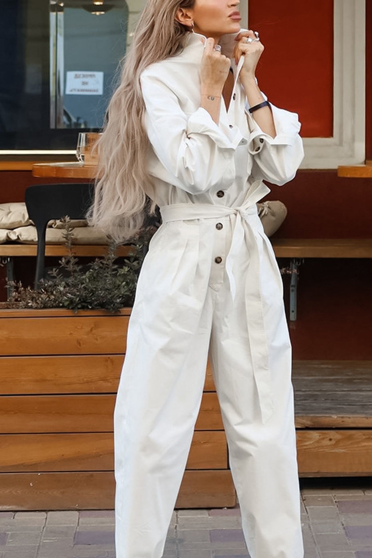 Long Sleeve Tie-up High Waist Cargo Jumpsuits