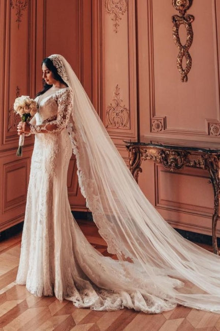 Charming A-Line Long Sleeve V-Neck Stain Wedding Dresses with Lace Ruffles - Fashionpara