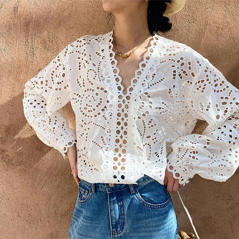 Long Sleeve V-Neck Hollow Out Floral Lace Boho Blouse