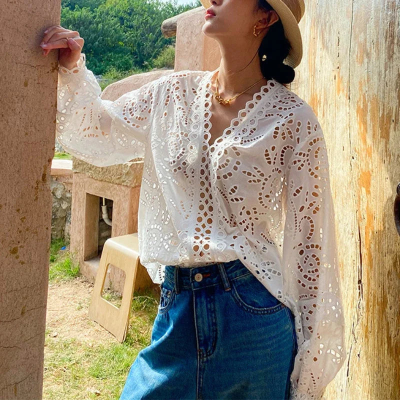 Long Sleeve V-Neck Hollow Out Floral Lace Boho Blouse