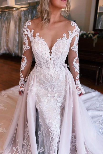 Charming Mermaid Long Sleeves Wedding Dress with Overskirt - Fashionpara