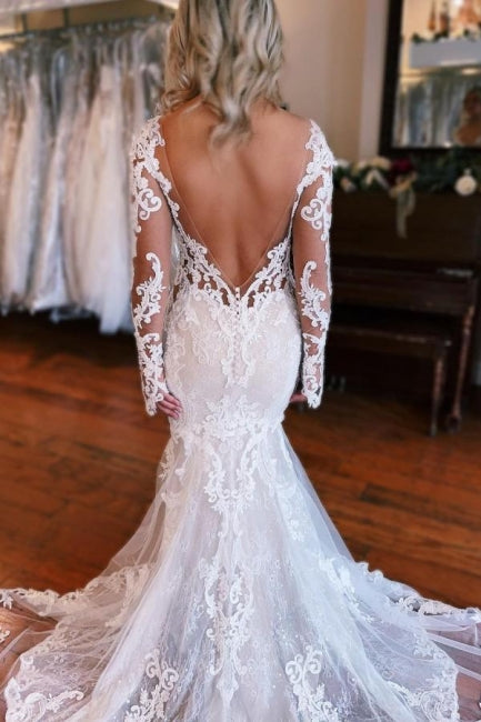 Charming Mermaid Long Sleeves Wedding Dress with Overskirt - Fashionpara