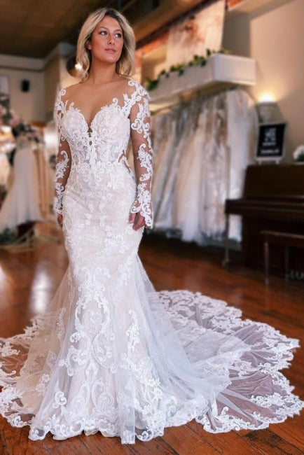 Charming Mermaid Long Sleeves Wedding Dress with Overskirt - Fashionpara
